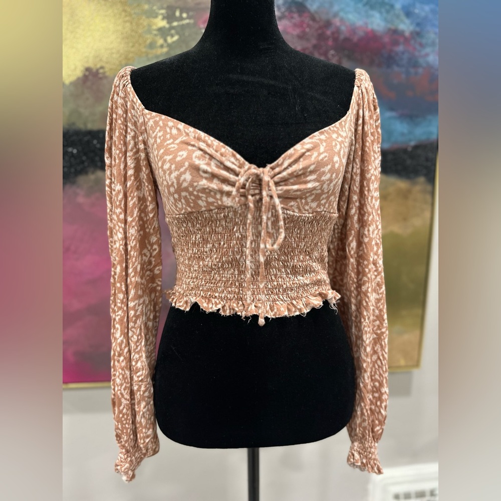 Urban Outfitters Tan Patterned Smocked Blouse